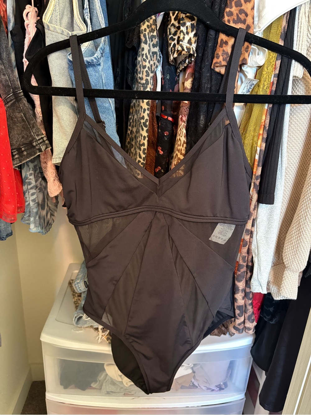 Kenneth Cole Black Mesh-Panel One-Piece Bodysuit